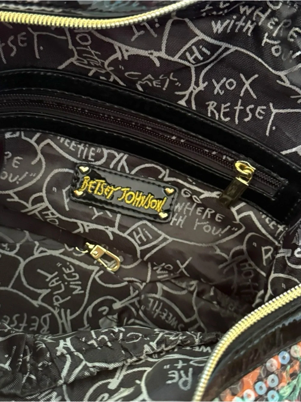 Betsey Johnson Floral Leopard Satchel, Sequin Accent - Picture 3 of 6